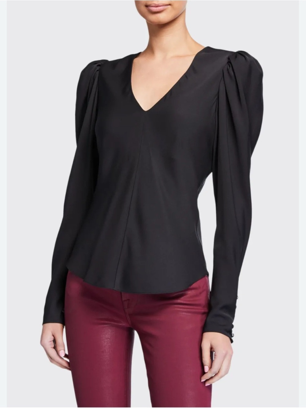 FRAME Silk Shirred Puff-Sleeve V-Neck Blouse